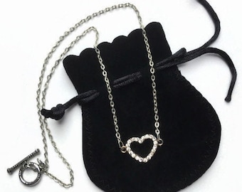 Vintage Love Heart Necklace, Diamanté Rhinestone, 1980s 1990s Costume Jewellery