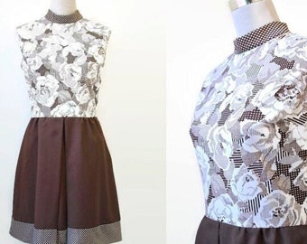 1960s Mini Dress, Vintage Mod Retro, Sleeveless Brown Floral Print Dress