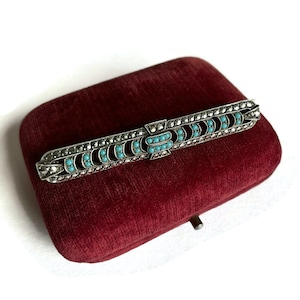 Vintage Art Deco Silber Markasit Brosche, gestempelt schwedisches Silber und Türkis Glas Pin