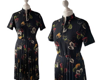 Black 1970s Dress with Autumn Leaf Design and Accordion Pleat Skirt