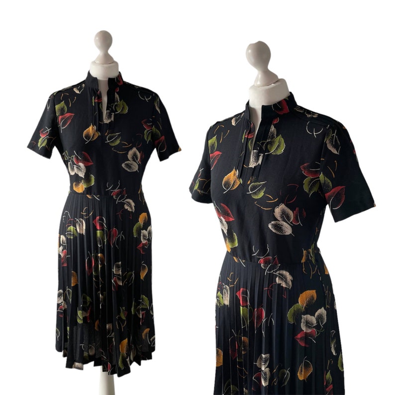 Black 1970s Dress with Autumn Leaf Design and Accordion Pleat Skirt image 1