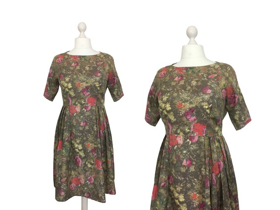 1950's Rose Print Dress | 44 Bust | Vintage Dress