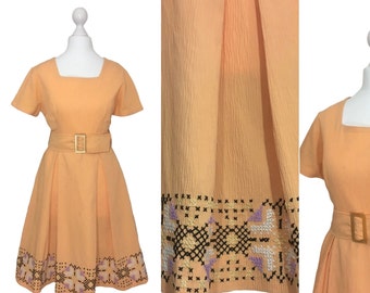 Vintage Pumpkin Orange 1960s Dress With Cross Stitch Border, UK 12, Mid Century Full Skirt Dress