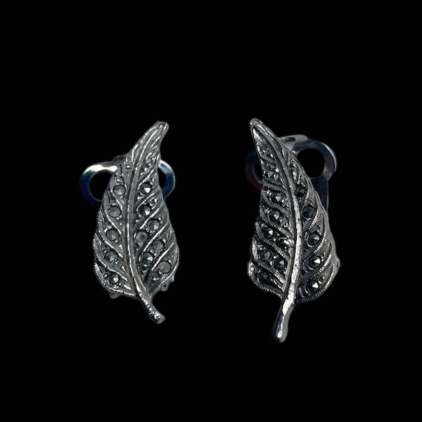 1950s Vintage Marcasite Clip On Earrings in Leaf Design