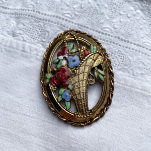 True Vintage 1930's Flower Basket Brooch with Red, Green and Blue Enamel Flowers image 4