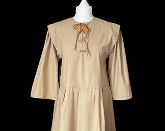 Retro 1970s Brown Smock Dress with Neck Ties, Made in Finland, Cosplay Costume, Hippy Boho, Kaunotar Finn Fashion