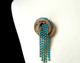 Large Vintage 1960's Gold Mesh and Turquoise Glass Waterfall Brooch, 60s Statement Pin