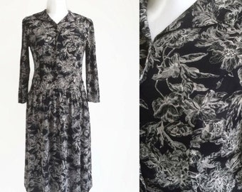 Black Floral Midi Dress, 90's Dress