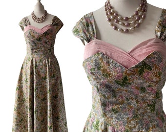 1950s Vintage Samuel Sherman Dress in Pink and Green Floral Cotton