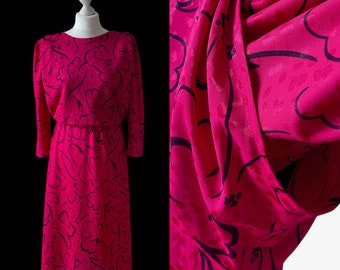 Late 1970s, Early 1980s Vintage Dress in a Hot Pink Red and Abstract Black Floral Pattern by EuroFashion