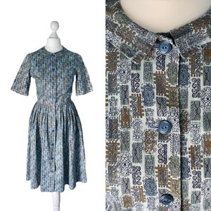 Vintage 1960s Shirt Dress in a Blue Print with Small Collar and Button Down Front