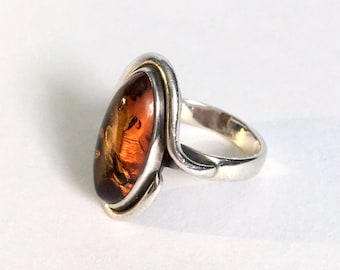 Vintage Amber and Silver Ring Hallmarked Gdansk Poland, UK Size P Q, Large Statement Ring