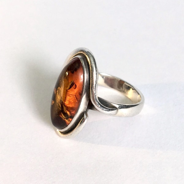 Vintage Amber and Silver Ring Hallmarked Gdansk Poland, UK Size P Q, Large Statement Ring