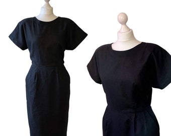 Vintage 90s Black Linen and Cotton Dress with Button Back and Pockets ! by Lands' End Direct Merchants (The Earlier Label)