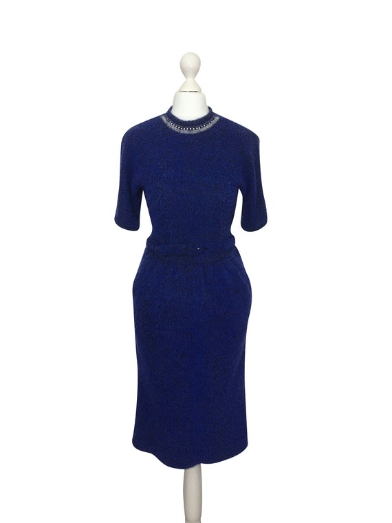 1950's Natlynn Dress, Blue Bouclé Dress With Jewe… - image 3