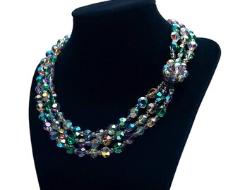 Beautiful 1950s Jewel Coloured Triple Strand Aurora Borealis Glass Necklace with Tonnes of Sparkle