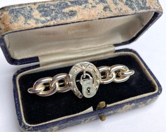 Antique Victorian Silver Padlock Brooch, 1872 Hallmark Adie and Lovekin, Padlock and Lucky Horseshoe, Antique Birmingham Silver Gift