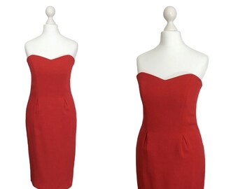 Vintage Bruce Oldfield DESIGNER DRESS, 90's Strapless Dress With Internal Corseting, XS S, 1990s Red Bodycon Dress