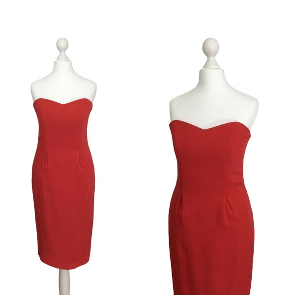 Vintage Bruce Oldfield DESIGNER DRESS, 90's Strapless Dress With Internal Corseting, XS S, 1990s Red Bodycon Dress