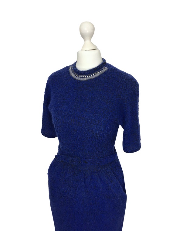 1950's Natlynn Dress, Blue Bouclé Dress With Jewe… - image 2