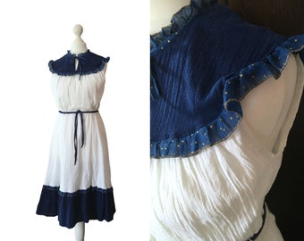 Vintage Cheesecloth Dress with Gold Dots on Navy Blue Frills, Late 70s, Early 80s