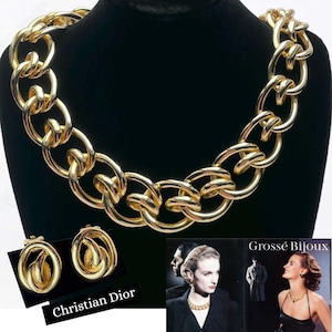 Gold Christian Dior Earrings and Grossé Bijoux Chain Necklace Documented Vintage Designer Jewellery and Grossé Box