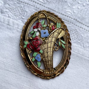 True Vintage 1930's Flower Basket Brooch with Red, Green and Blue Enamel Flowers image 2