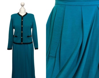 Vintage 1980s Jaeger Collarless Jacket in a Vibrant Turquoise Blue with Black Trim and Gold Buttons and Jersey Knit Midi Skirt with Pockets