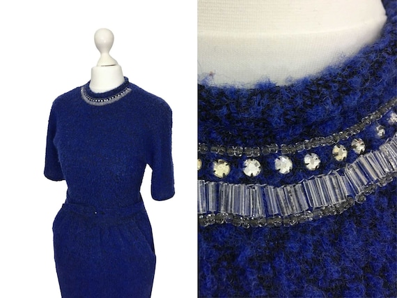 1950's Natlynn Dress, Blue Bouclé Dress With Jewe… - image 1