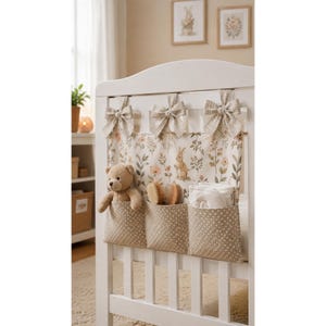 May include: A white crib organizer featuring three pockets with a beige polka dot pattern. The upper section displays a floral and rabbit print. Three beige gingham bows attach the organizer to the crib. A teddy bear and brushes are inside.