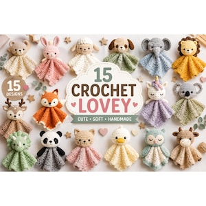 Peut inclure: Une collection de 15 doudous au crochet représentant diverses têtes d'animaux dont un ours, un lapin, un mouton, un chien, un éléphant, un lion, un cerf, un renard, une licorne, un koala, un dinosaure, un panda, un chat, un canard et un hibou.