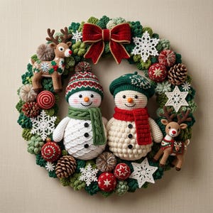 May include: A circular holiday wreath featuring two crocheted snowmen, one wearing a green patterned hat and scarf, the other a green beret and red scarf. The wreath is decorated with two crocheted reindeer, red and white ornaments, pinecones, and white snowflakes, topped with a large red velvet bow.