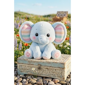 Puede incluir: Un juguete de peluche de elefante azul claro con orejas grandes que presentan rayas horizontales en tonos pastel. El elefante tiene ojos oscuros, mejillas rosadas y detalles en forma de corazón rosa en las plantas de los pies, con textura suave.