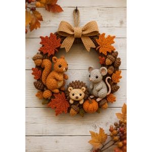 Può includere: Una ghirlanda rotonda all'uncinetto con un fiocco beige in alto, decorata con foglie d'acero arancioni e rosse, ghiande marroni, una piccola zucca arancione e tre animali all'uncinetto: uno scoiattolo marrone, un topo grigio e un riccio.