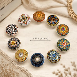Può includere: Una collezione di nove pomelli rotondi in ceramica per mobili disposti in cerchio, ognuno caratterizzato da un motivo geometrico o floreale unico, colorato e complesso. I pomelli misurano 40 mm di diametro, come indicato dal testo centrale.