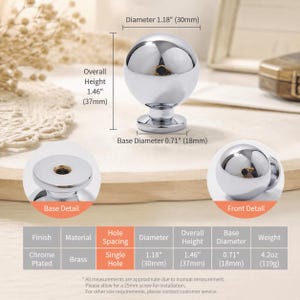 May include: A chrome-plated brass spherical cabinet knob with a 1.18-inch diameter, 1.46-inch overall height, and 0.71-inch base diameter. The knob features a single-hole mounting design and weighs 4.2 ounces, as shown in the technical diagram.
