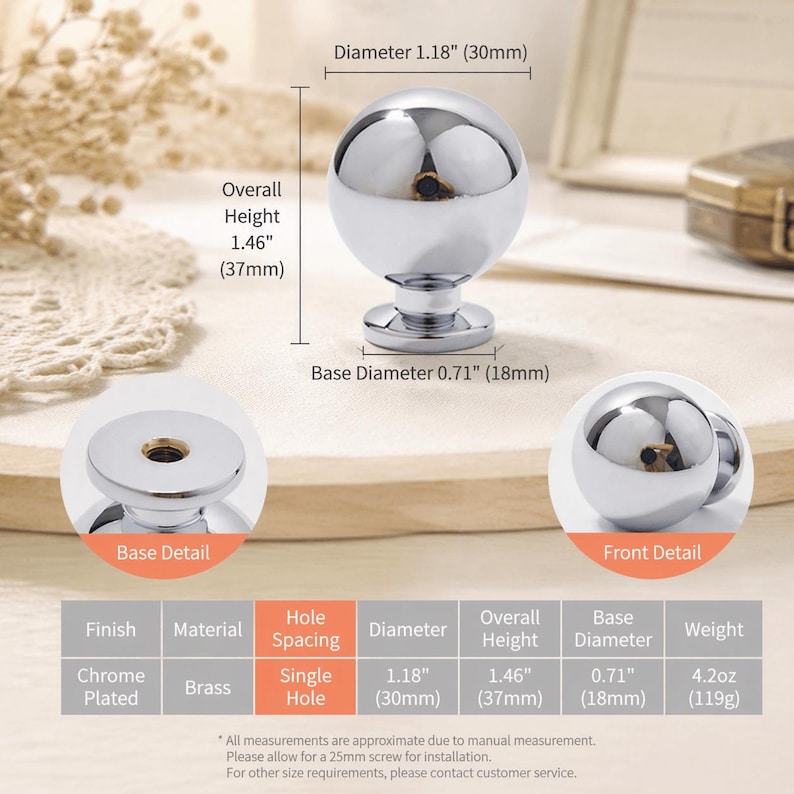May include: A chrome-plated brass spherical cabinet knob with a 1.18-inch diameter, 1.46-inch overall height, and 0.71-inch base diameter. The knob features a single-hole mounting design and weighs 4.2 ounces, as shown in the technical diagram.
