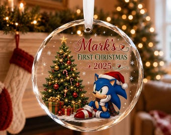Personalized Sonic First Christmas Glass Ornament, Custom Name Sonic the Hedgehog Christmas Ornament, 2025 Holiday Keepsake Gift