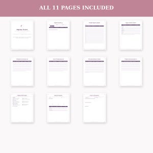 May include: A digital set of 11 printable pages for a migraine tracker, featuring white backgrounds with dark purple text and headers. The collection includes logs for attacks, triggers, medication, sleep, weather, and doctor visit summaries.
