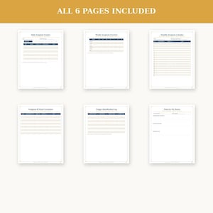 Peut inclure: Un ensemble de six pages de suivi de santé imprimables comprenant un Daily Symptom Tracker, Weekly Symptom Overview, Monthly Symptom Calendar, Symptom & Mood Correlation, Trigger Identification Log et Notes For My Doctor avec des en-têtes bleu foncé.