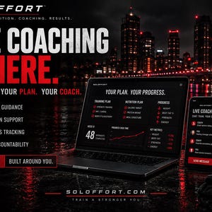 May include: A laptop and smartphone displaying the Soloffort live coaching interface, featuring training plans, nutrition support, and progress tracking. A black shaker bottle sits nearby, all set against a dark, city-themed background.