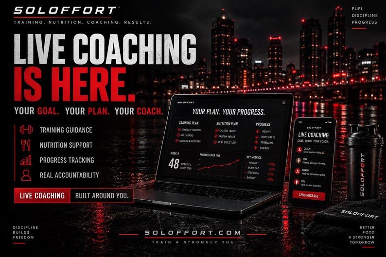 May include: A laptop and smartphone displaying the Soloffort live coaching interface, featuring training plans, nutrition support, and progress tracking. A black shaker bottle sits nearby, all set against a dark, city-themed background.