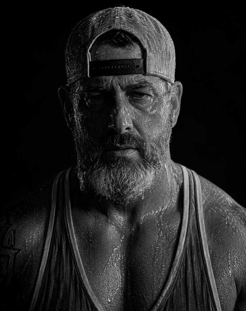 May include: A black and white portrait of a person wearing a baseball cap and a tank top. The individual has a full beard and is covered in visible moisture droplets, with a dark, high-contrast aesthetic emphasizing the texture of the skin and fabric.