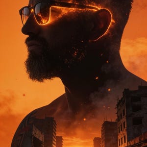 May include: A profile view of a bearded individual wearing black sunglasses that appear to be glowing with orange flames. The image features a double exposure effect, blending the face with a desolate city street at sunset and the text CapCut Ai.
