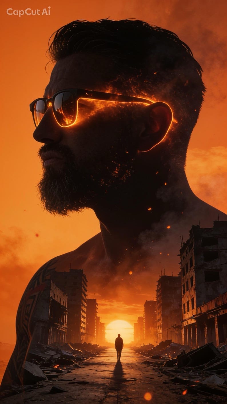 May include: A profile view of a bearded individual wearing black sunglasses that appear to be glowing with orange flames. The image features a double exposure effect, blending the face with a desolate city street at sunset and the text CapCut Ai.