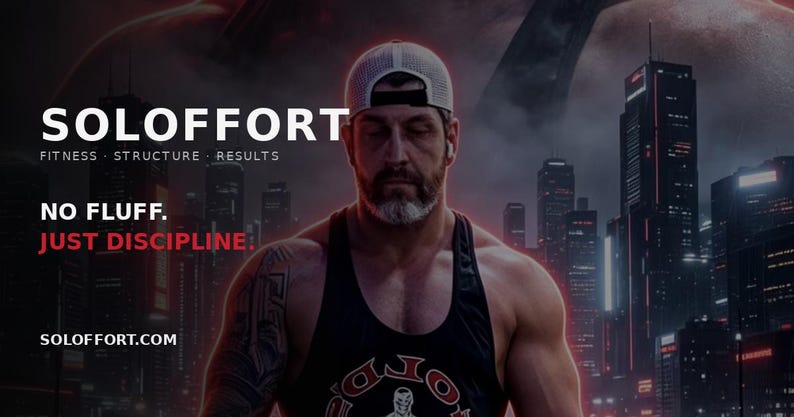 May include: A muscular individual wearing a black tank top and a white and grey baseball cap. The text SOLOFFORT FITNESS STRUCTURE RESULTS, NO FLUFF. JUST DISCIPLINE, and SOLOFFORT.COM is displayed against a dark, futuristic city skyline background.