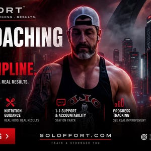 May include: A promotional graphic for Soloffort featuring a person in a black tank top and baseball cap. Text includes: LIVE COACHING NO FLUFF. JUST DISCIPLINE. REAL GUIDANCE. REAL SUPPORT. REAL RESULTS. PERSONALIZED TRAINING PLANS. 1-1 SUPPORT. JOIN LIVE COACHING.