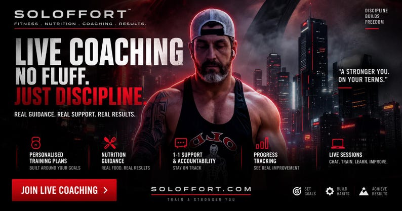 May include: A promotional graphic for Soloffort featuring a person in a black tank top and baseball cap. Text includes: LIVE COACHING NO FLUFF. JUST DISCIPLINE. REAL GUIDANCE. REAL SUPPORT. REAL RESULTS. PERSONALIZED TRAINING PLANS. 1-1 SUPPORT. JOIN LIVE COACHING.
