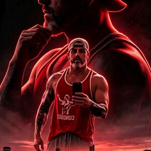 May include: A red tank top with a white graphic print and white trim, worn by a person with a beard and a baseball cap. The design features a silhouette of a muscular figure and the text "CONQUER" in white, set against a dark red background.