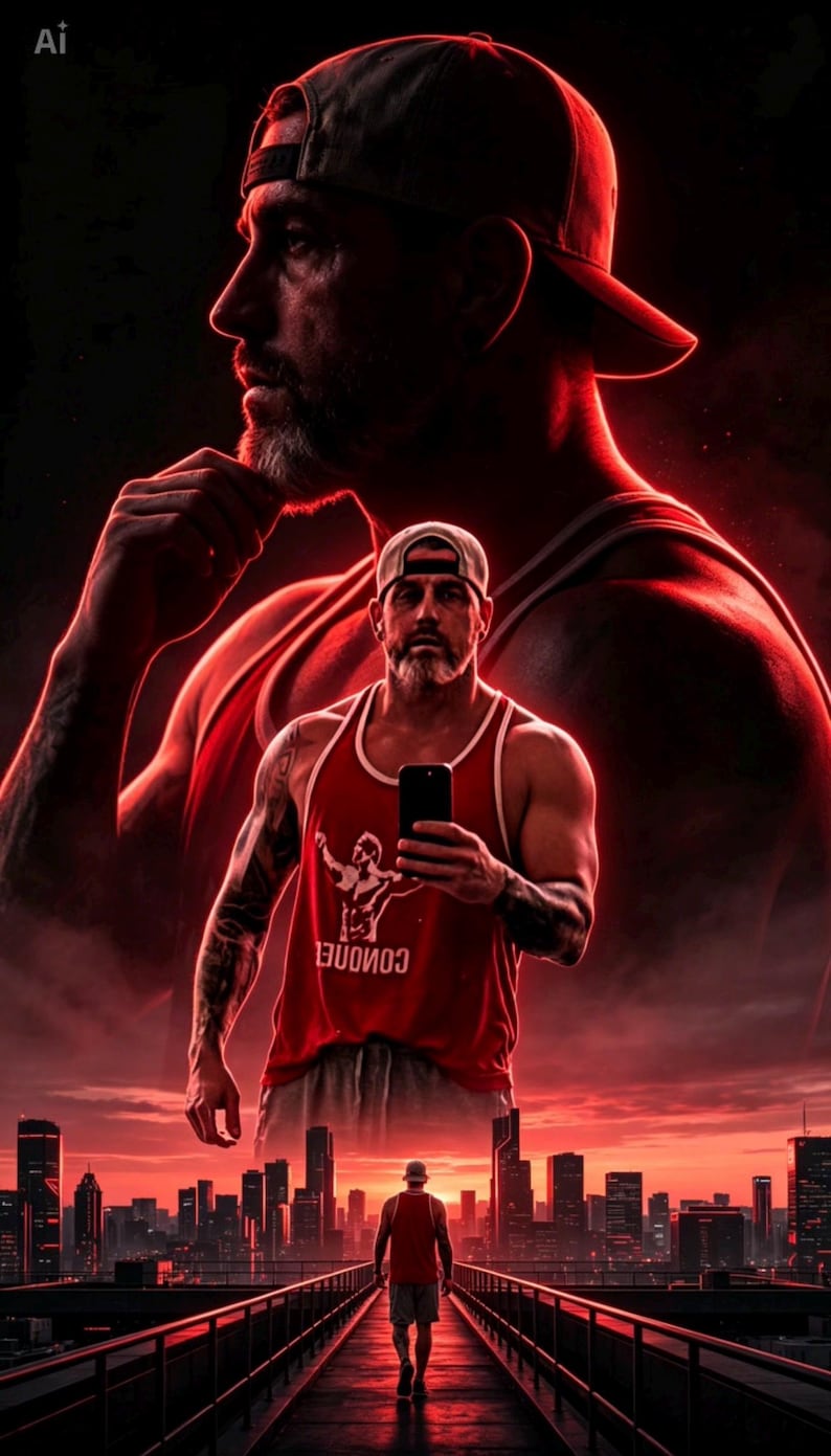 May include: A red tank top with a white graphic print and white trim, worn by a person with a beard and a baseball cap. The design features a silhouette of a muscular figure and the text "CONQUER" in white, set against a dark red background.